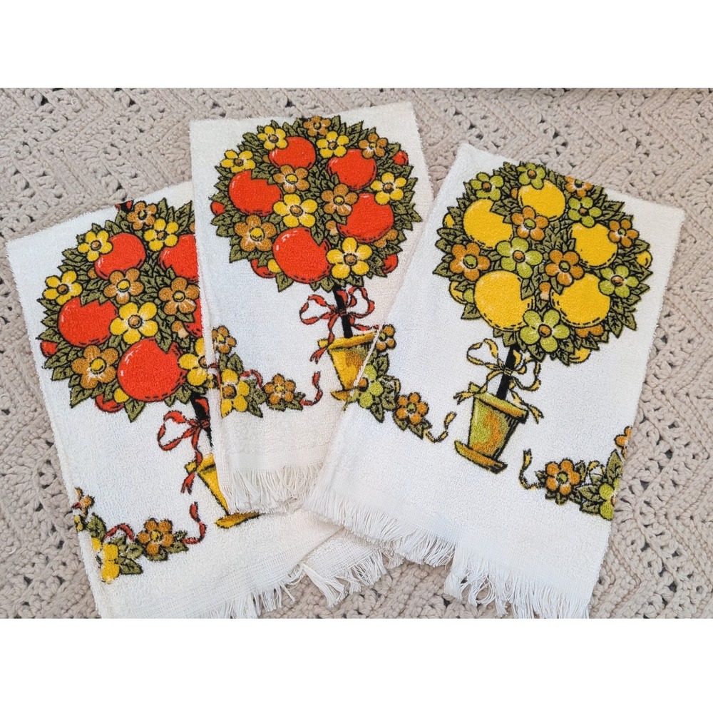 Vintage Startex Super Terry Hand Towels Set 3 Fruit Topiary Orange Lemon Fringe